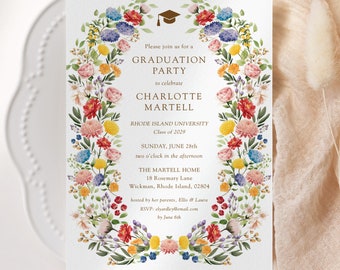 Pink Graduation Invitation, Printed Graduation Announcement, Wildflower Graduation Party Invitation, 2024 College Graduation Invitations