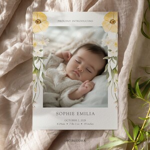 Tarjetas de anuncio de nacimiento de niña, anuncio floral de bebé, nueva tarjeta de bebé, tarjeta de anuncio de nacimiento de foto de flores, anuncio de recién nacido de niña