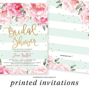 Mint and Peony Bridal Shower Invitation Printed, Bloom Peony Bridal Shower Invites, Elegant Mint and Pink Bridal Invites, Mint to Be Bridal image 2