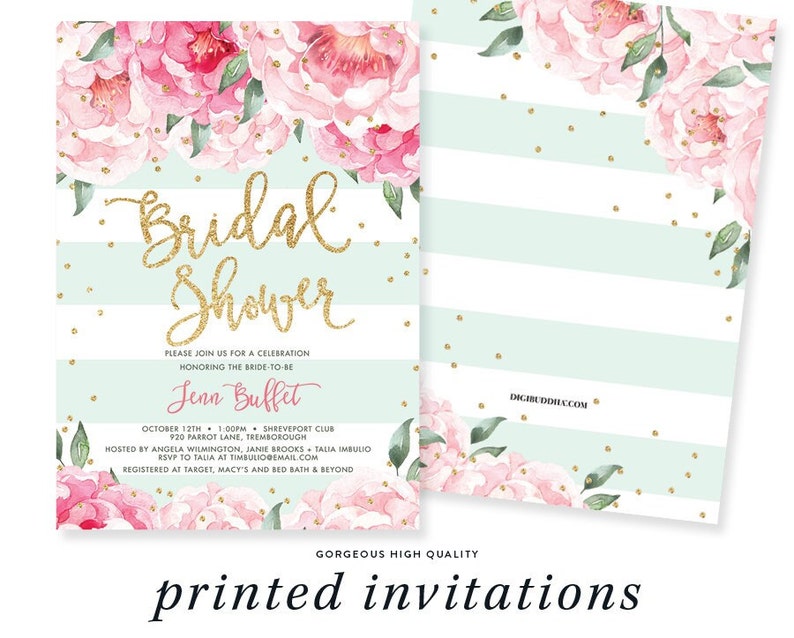 Mint and Peony Bridal Shower Invitation Printed, Bloom Peony Bridal Shower Invites, Elegant Mint and Pink Bridal Invites, Mint to Be Bridal image 2