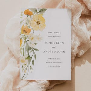 Wildflower Save the Date Printed, Watercolor Floral Save the Dates,  Wildflower Wedding Invitations, Yellow Flower Wedding Invite Printed