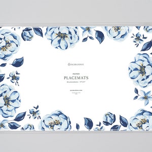 Blue Peonies in Bloom Paper Placemats, Peony Decor Baby Shower Dinner Table Setting, Floral Disposable Paper Placemat for Garden Baby Shower