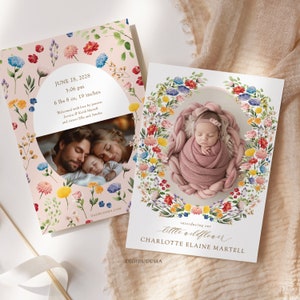 Wildblumen-Babyankündigungskarte mit Fotos, gedruckte Babymädchen-Geburtsankündigungskarte, Blumenbabyankündigung, neue Babykarte gedruckt