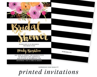 Pink Floral Bridal Shower Invitations Printed, Custom Bridal Shower Invitations, Black and White Striped Bridal Invites, Modern Gold Invites