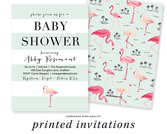 FLAMINGO BABY SHOWER Invitation Pink Aqua Blue Mint Stripes Girl Boy Gender Neutral Tropical - Abby Il_570xn