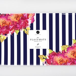 Bright Blooms Paper Placemats, Pink Flower and Striped Paper and Party Placemats, Navy Stripes Paper Placemats, Floral and Stripes Decor