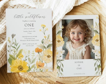 Floral Greenery Baby's First Birthday Party Invitation, Printed 1st Birthday Photo Invite Boho Girl One, Wildflower Photo Invitation Printed