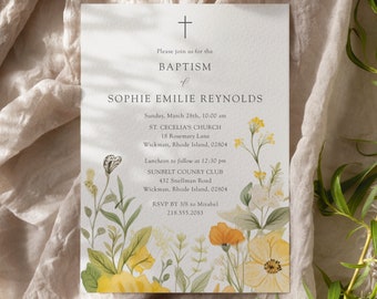 Vintage Floral Baptism Invitation Girl, Wildflower Baptism Invitation, Girl Flower Christening Invitation Yellow, Religious Cross invitation