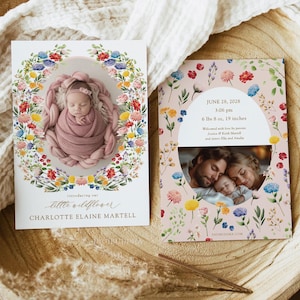 Anuncio de nacimiento floral de bienvenida para niña con flores silvestres, tarjeta con foto de jardín floral primaveral.