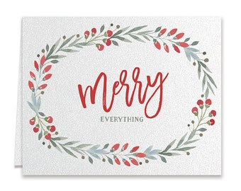 Watercolor Christmas Wreath Greeting Cards, Merry Everything and Happy Always, Unique Modern Elegant Holiday Card for Friends, Printed Cards