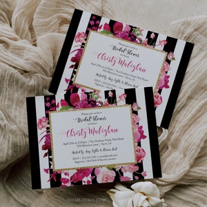 Floral Black and White Striped Bridal Shower Invitations Printed, Custom Bridal Shower Invitation, Pretty Pink Bridal Invites, Magenta Bride image 1