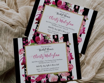 Floral Black and White Striped Bridal Shower Invitations Printed, Custom Bridal Shower Invitation, Pretty Pink Bridal Invites, Magenta Bride