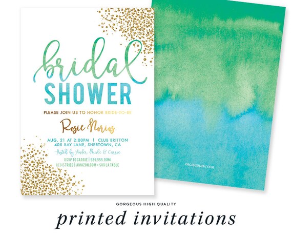 BRIDAL SHOWER INVITATION Green Blue Ombre Gold Girl Night Invite Wedding Shower Bridal Brunch & Bubbly Invite- Rosie Il_570xn