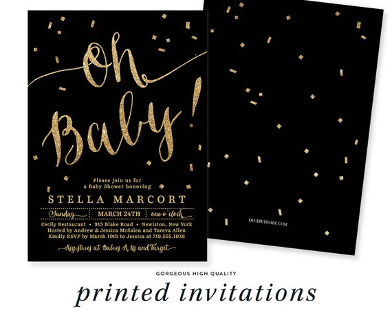 BLACK & GOLD BABY Shower Invitation Oh Baby! Elegant Gold Glitter Calligraphy Boy Girl Gender Neutral - Stella Il_570xn