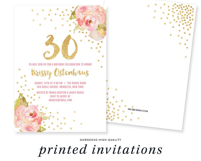 Glitter Roses Birthday Invitation Printable Gold Glitter Invite Burst Peony 30th 21st Surprise Krissy