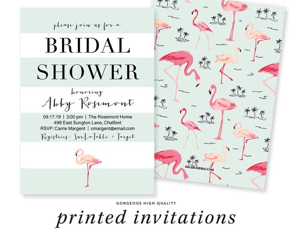 FLAMINGO BRIDAL SHOWER Invitation Pink Aqua Blue Mint Stripe Wedding Invite Island Tropical - Abby Il_570xn