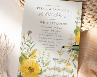 Petals and Prosecco Bridal Shower Invites, Yellow Petals and Prosecco Invites, Greenery Wedding Shower Invites, Boho Prosecco Bridal Shower