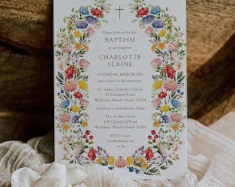 Wildflower Baptism Invitations, Girl Baptism Invitation Printed, Floral Baptism Invite, Pink Baptism Invite, Religious Cross Invitation