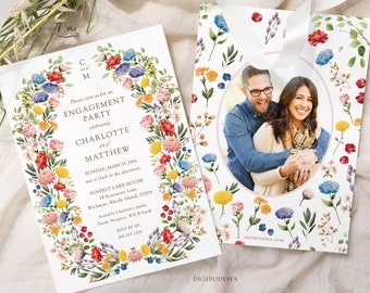 Engagement Invite Wildflower Engagement Party Invitation with Photo, Floral Engagement Invites, We're Engaged Flower Invitations Printed