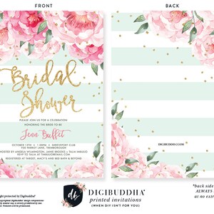 Peony Mint and Gold Bridal Shower Invitations featuring elegant pink peony, chic mint stripe design, unique floral custom invites, sophisticated bride-to-be brunch, mint and gold bridal celebration, stylish bridal shower colors, fresh and modern