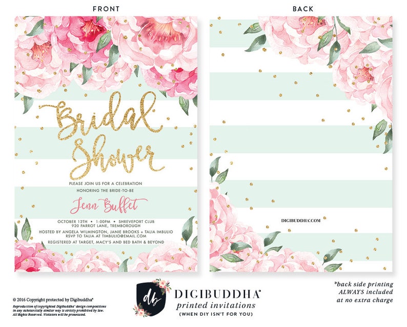 Peony Mint and Gold Bridal Shower Invitations featuring elegant pink peony, chic mint stripe design, unique floral custom invites, sophisticated bride-to-be brunch, mint and gold bridal celebration, stylish bridal shower colors, fresh and modern