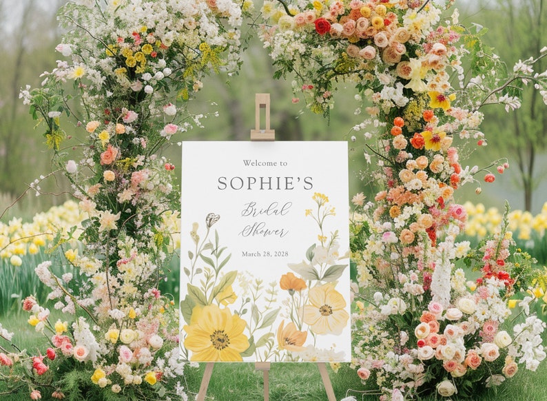 Yellow Floral Bridal Shower Welcome Sign, Bridal Party Welcome Sign Printed, Greenery Welcome Foam Board Sign, Custom Design, Hen Party Sign imagem 1