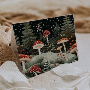 Tarjeta navideña con foto familiar de bosque, tarjeta navideña con setas, tarjetas y sobres personalizados, saludos navideños, Navidad moderna