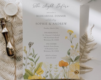 Sage Greenery Rehearsal Dinner Invitation Printed Watercolor Yellow Flower Wedding Shower, Spring Floral Rehearsal Dinner Printed Invitation