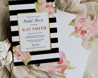 Blush Pink Peony Bridal Shower Invitation Printed,  Summer Peonies Invitation for Bridal Shower, Black and White Modern Floral Bridal Shower