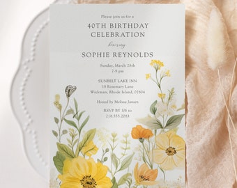 Boho Wildflower Invitation, Garden Party Birthday Invitations Printed, Green and Yellow Floral Birthday Invitation for Women, Adult Birthday