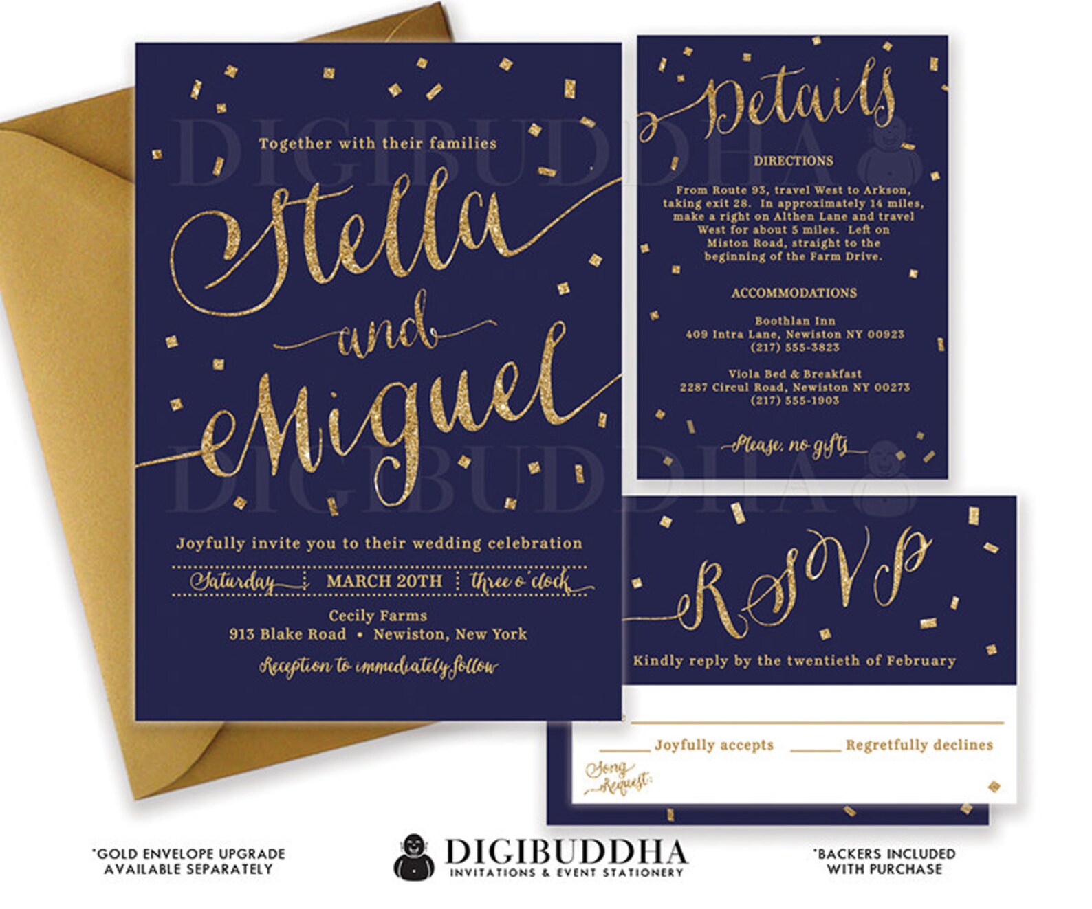 Navy Gold Wedding Invitation Gold Glitter Confetti 3 Pc Suite | Etsy