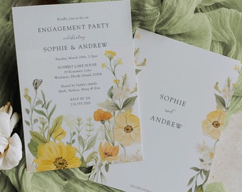 Engagement Party Invitations Printed, Boho Floral Wildflower Engagement Party Invites, Yellow Wildflowers Pastel Boho Invitations Printed