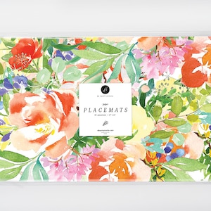 Floral Paper Placemats, Watercolor Flowers Engagement Dinner Table Setting, Paper Placemats for Spring Bridal Shower Garden Party Tablescape