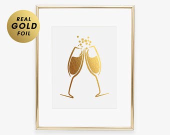 Clinking Champagne Flutes Wedding Foil Gold Silver or Rose Gold Foil Print Reception Bar Cart Bridal Party Poster Cheers Champagne Decor A15