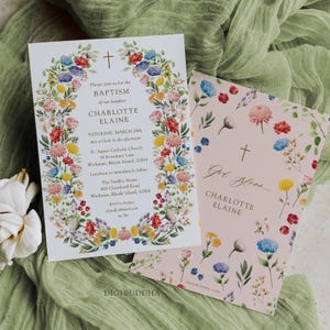 Faire-part de baptême petite fille, faire-part de baptême imprimé fleurs sauvages, faire-part de baptême rose blush, carte d'invitation de baptême rose