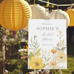 Yellow Floral Bridal Shower Welcome Sign, Bridal Party Welcome Sign Printed, Greenery Welcome Foam Board Sign, Custom Design, Hen Party Sign imagem 3