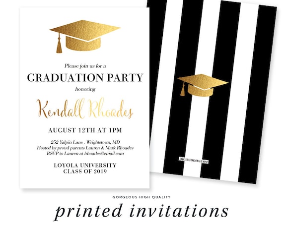 Black White Stripe Graduation Invitation Gold Cap Modern Faux Foil Grad Announcement Kendall