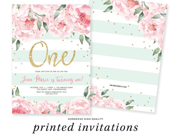 One Birthday Invitation Girl, Printed First Birthday Invites for Baby Girl Birthday Party, Custom Invite Mint Stripe and Floral - Jenn Il_570xn