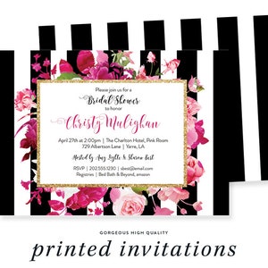 Magenta Floral Black Striped Bridal Shower Invitations, Elegant Pink Gold Wedding Invites, Unique Custom Bride-to-Be Celebration, Chic Bridal Brunch, Sophisticated Gold Frame Design, Ideas for Bridal Shower, Black and White Stripe Theme