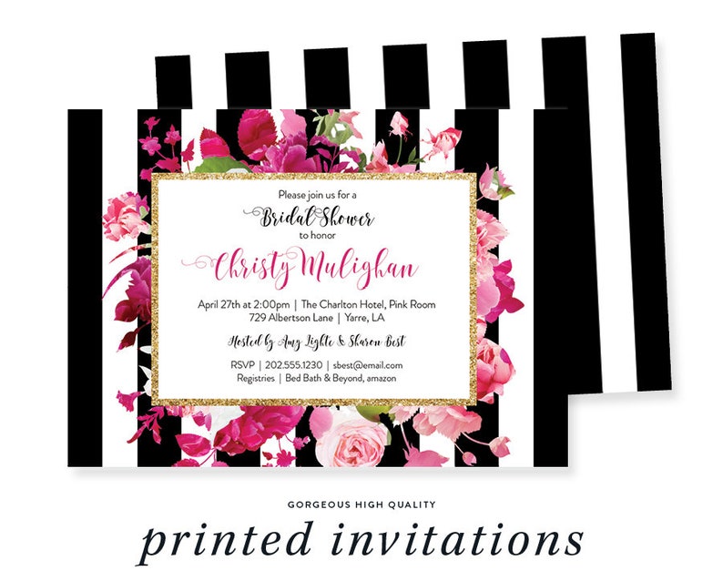 Magenta Floral Black Striped Bridal Shower Invitations, Elegant Pink Gold Wedding Invites, Unique Custom Bride-to-Be Celebration, Chic Bridal Brunch, Sophisticated Gold Frame Design, Ideas for Bridal Shower, Black and White Stripe Theme