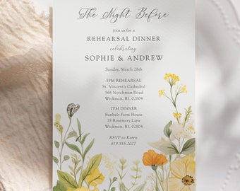 Printed Wedding Rehearsal Dinner Invitations, Pastel Yellow Sage Floral Wedding Rehearsal Invitations, Greenery Rehearsal Dinner Invitations