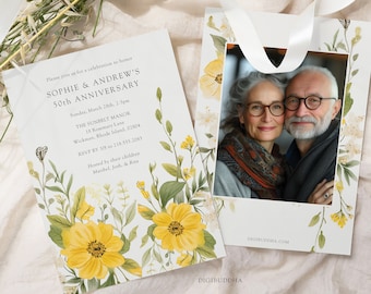 Anniversary Invitation Wildflower Wedding Anniversary Party Invite with Photo, Printed 50th Anniversary Invites, Golden Vow Renewal Invites