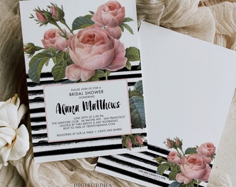 Stripes and Vintage Floral Bridal Shower Invitations, Custom Printed Invite, Modern Black and White Bridal Invite, Rose Bridal Shower Invite