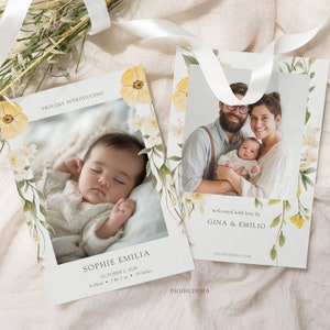 Tarjeta de anuncio de bebé de flores silvestres con fotos, tarjeta de anuncio de nacimiento impresa, anuncio de bebé floral, tarjetas de anuncio de nacimiento de niña