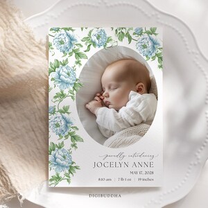 Grandmillennial Geburtsankündigung, klassische Baby-Geburtsankündigungskarte, blaue Blumen-Geburtsankündigung, Neugeborenenankündigung, Willkommensbaby