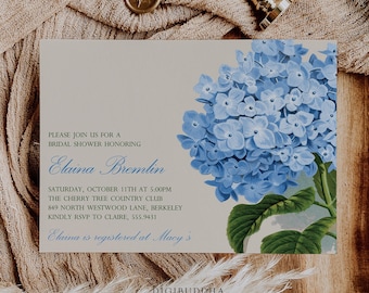 Blue Hydrangea Bridal Shower Invitations Printed, Personalized Bridal Shower Invites, Flower Bridal Shower Invite Blue, Custom Bridal Invite