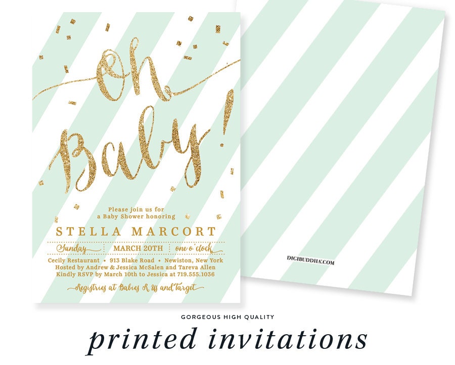 MINT & GOLD BABY Shower Invitations Oh Baby Stripe Gold Etsy