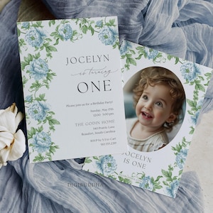 Toile Birthday Invitation with Photo, Love Shack Birthday Invitations, Blue Floral 1st Birthday Invite, Fancy One Birthday Party Invitations