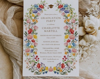 Greenery Graduation Invitation, Printed College Graduation Invitations, Wildflower Graduation Party Invites, Boho Graduation Invitation Girl