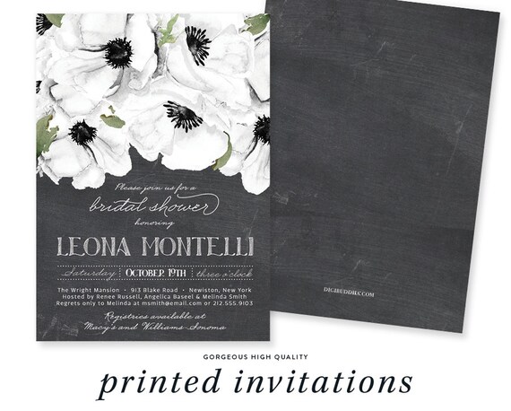 Chalkboard Floral Printed Bridal Shower Invitation Black & White Anemones, Rustic Themed Bridal Shower Invites - Leona Il_570xn